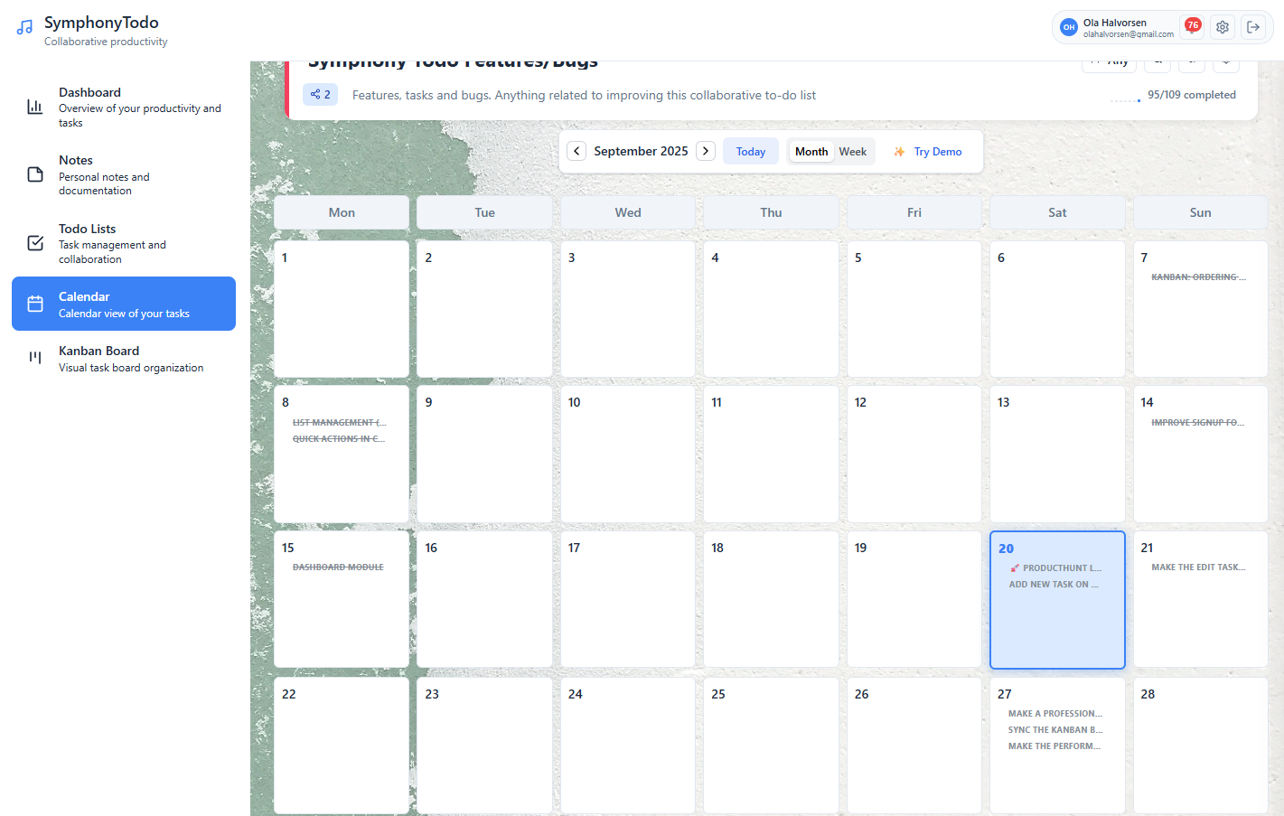 SymphonyTodo Calendar view showing monthly and weekly task scheduling