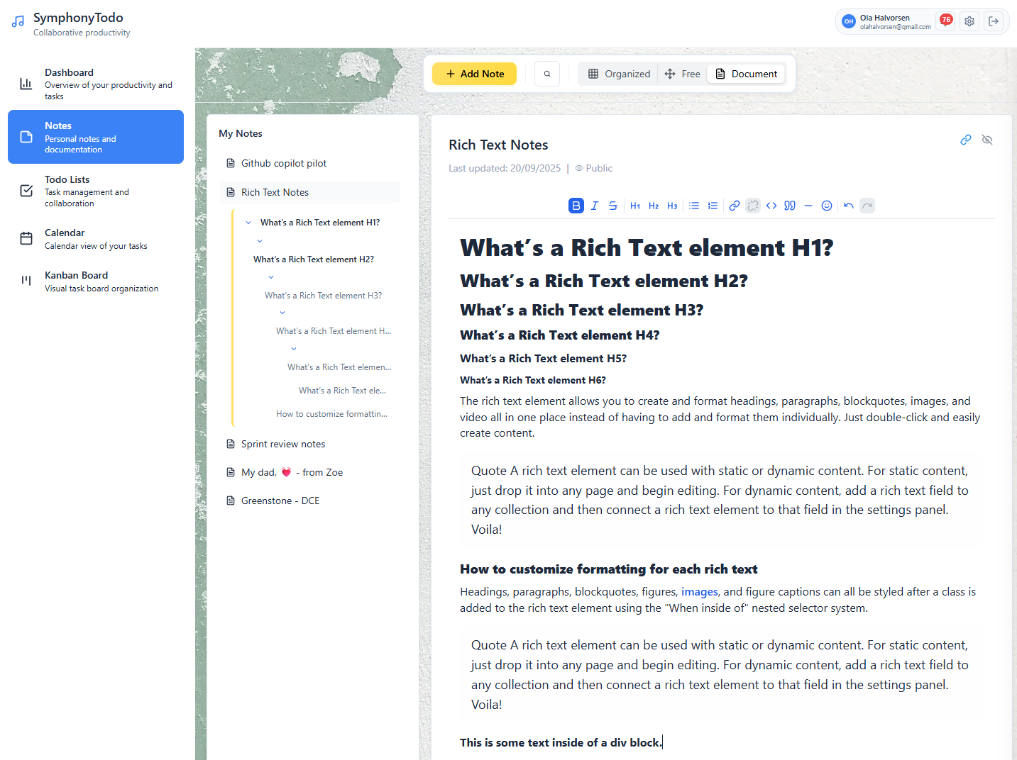 SymphonyTodo Rich Text Notes editor showing formatting options and document creation
